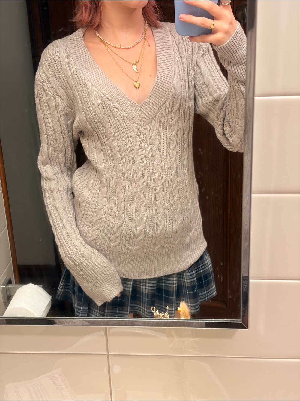 V-Neck Cable Knit Women's Sweater in Grey